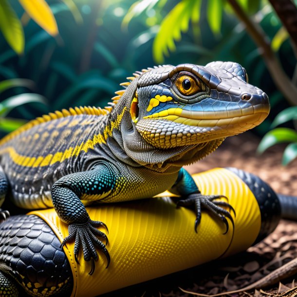 Foto de um lagarto monitor em um cinto amarelo