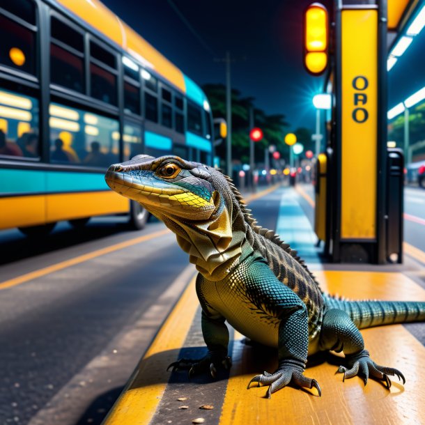 Image of a drinking of a monitor lizard on the bus stop