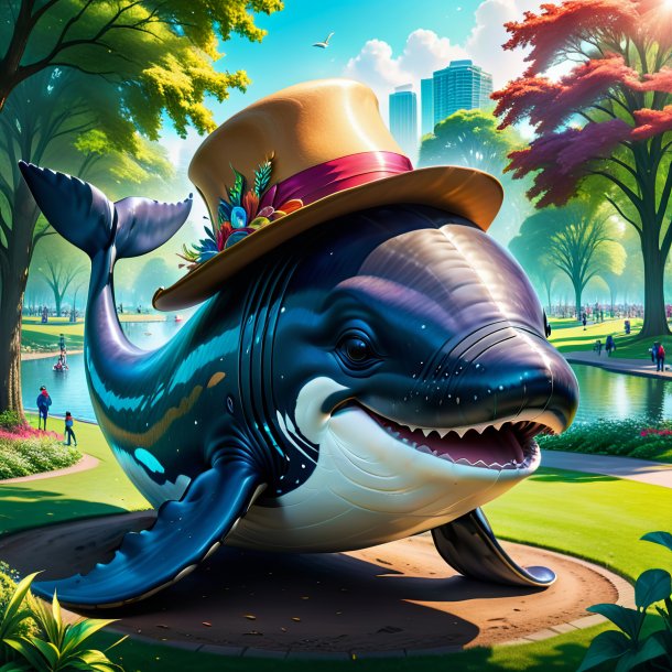 Drawing of a whale in a hat in the park