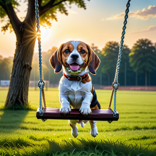 Uma foto de um balanço em um balanço de um beagle no campo