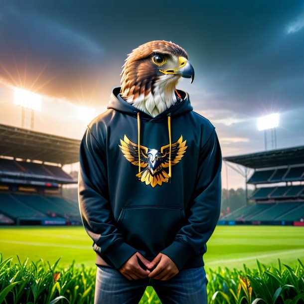 Photo of a hawk in a hoodie on the field