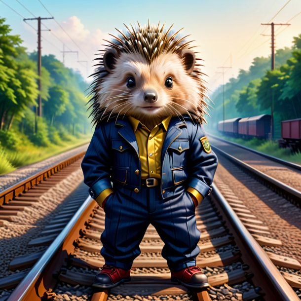 Illustration of a porcupine in a trousers on the railway tracks