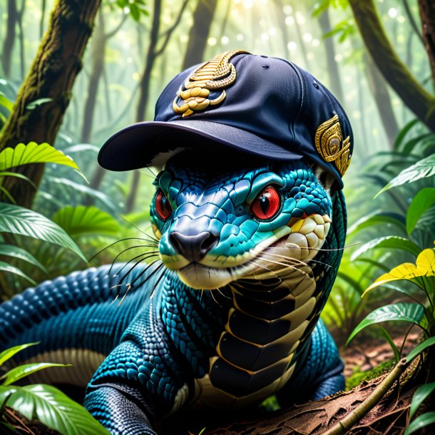 Imagen de una cobra real en una gorra en el bosque