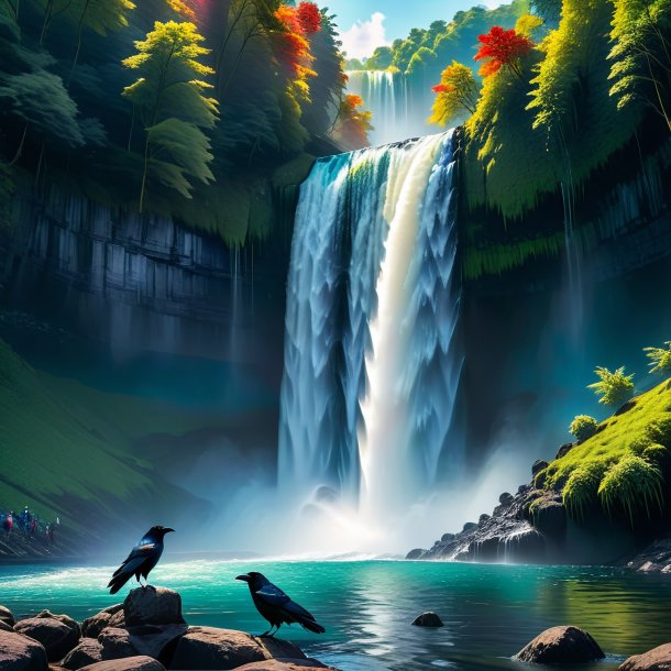 Image of a swimming of a crow in the waterfall