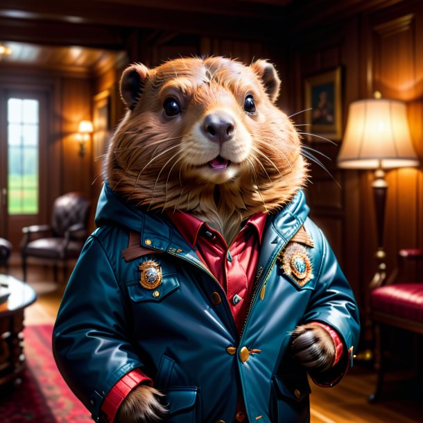 Picture of a beaver in a jacket in the house