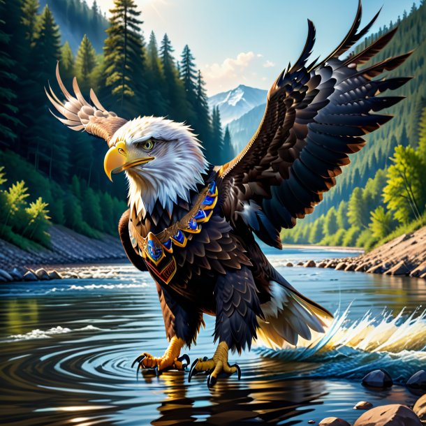 Drawing of a eagle in a vest in the river