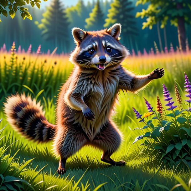 Photo of a dancing of a raccoon in the meadow