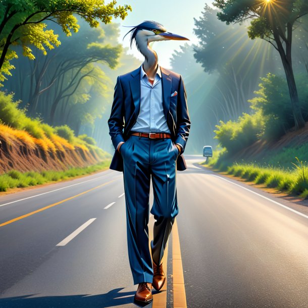 Drawing of a heron in a trousers on the road