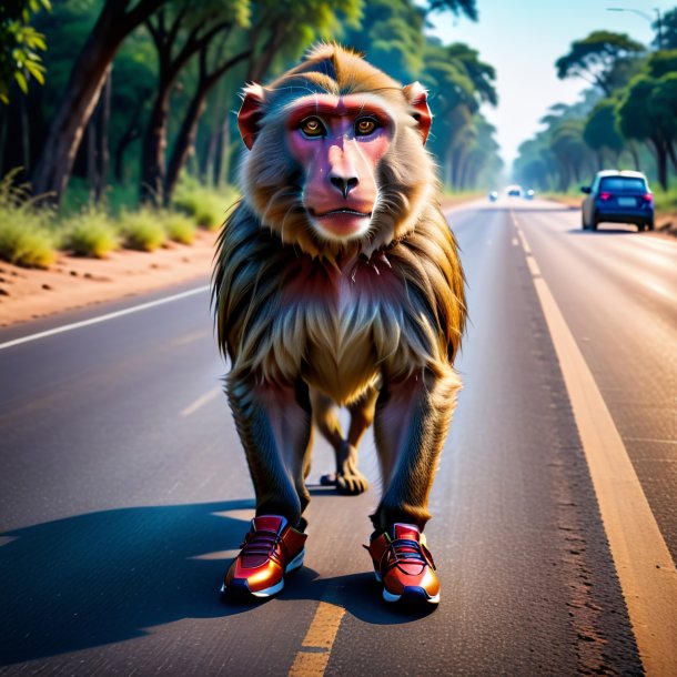 Foto de um babuíno em um sapatos na estrada