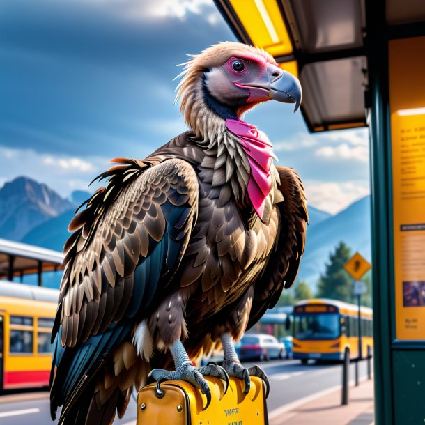 Picture of a vulture in a belt on the bus stop