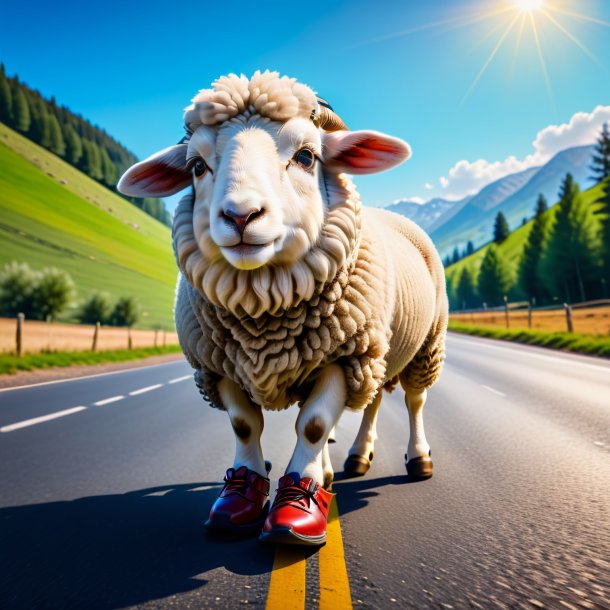 Pic of a sheep in a shoes on the road