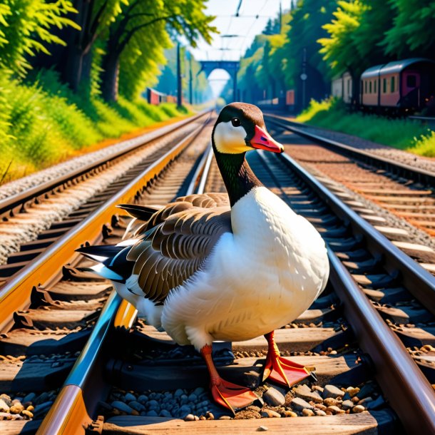 Photo of a resting of a goose on the railway tracks