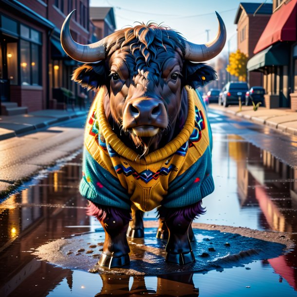 Image of a buffalo in a sweater in the puddle