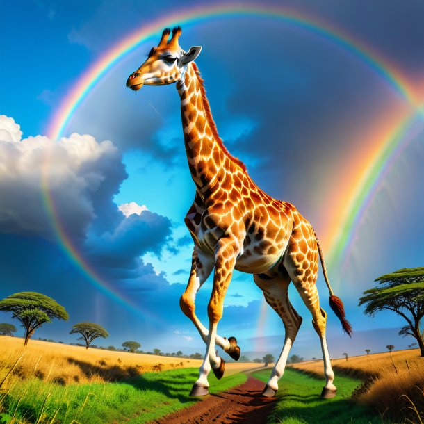 Image of a jumping of a giraffe on the rainbow