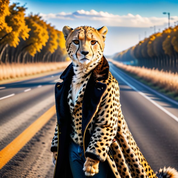 Foto de un guepardo en un abrigo en la carretera