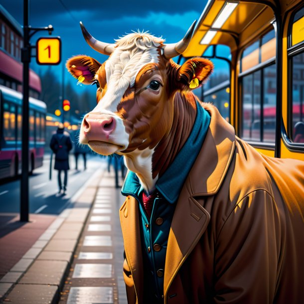 Picture of a cow in a coat on the bus stop