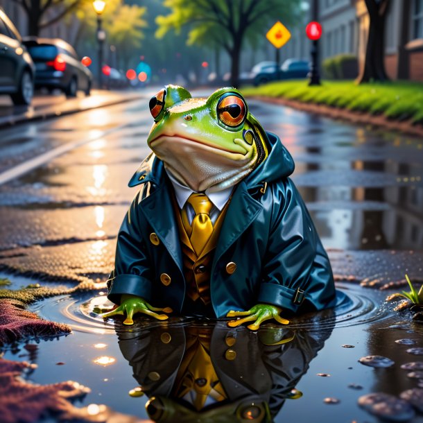 Picture of a frog in a coat in the puddle