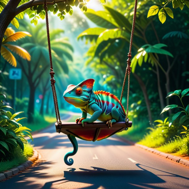 Pic of a swinging on a swing of a chameleon on the road