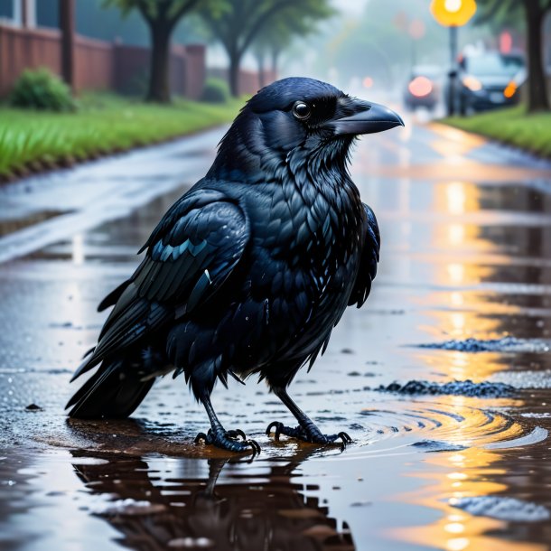 Image of a crow in a belt in the puddle