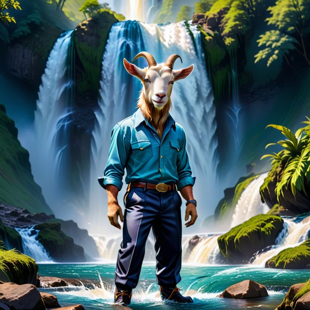 Image of a goat in a trousers in the waterfall