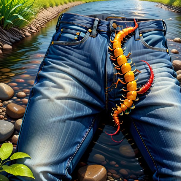 Drawing of a centipede in a jeans in the river