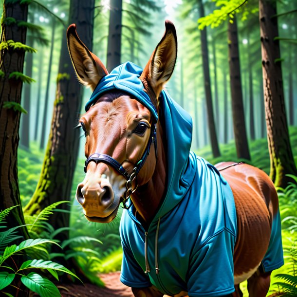 Picture of a mule in a hoodie in the forest