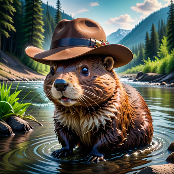 Picture of a beaver in a hat in the river