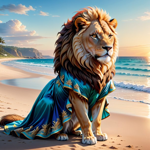 Ilustración de un león en un vestido en la playa