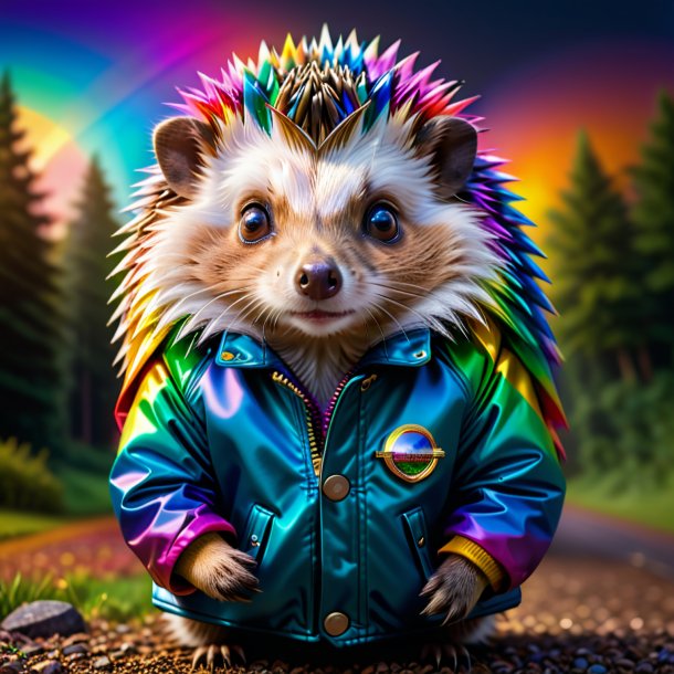 Picture of a hedgehog in a jacket on the rainbow