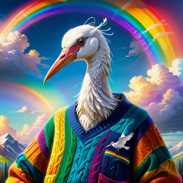 Drawing of a stork in a sweater on the rainbow