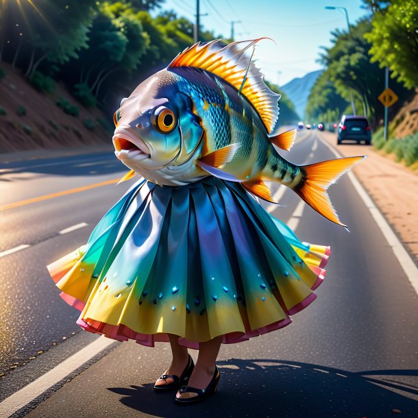 Pic of a fish in a skirt on the road