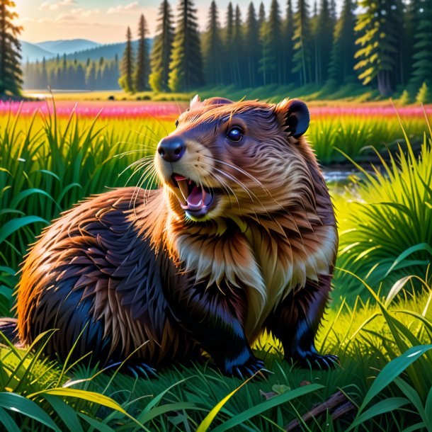 Pic of a waiting of a beaver in the meadow