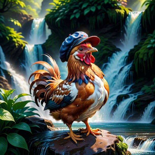 Illustration of a hen in a cap in the waterfall