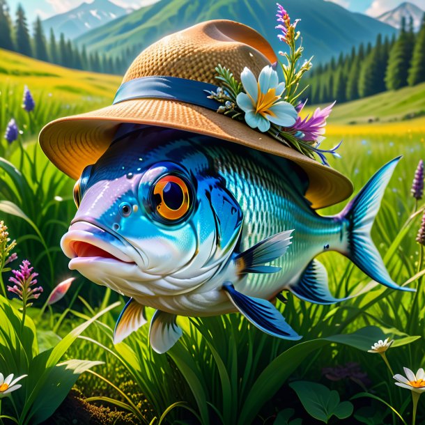 Pic d'un poisson dans un chapeau dans la prairie