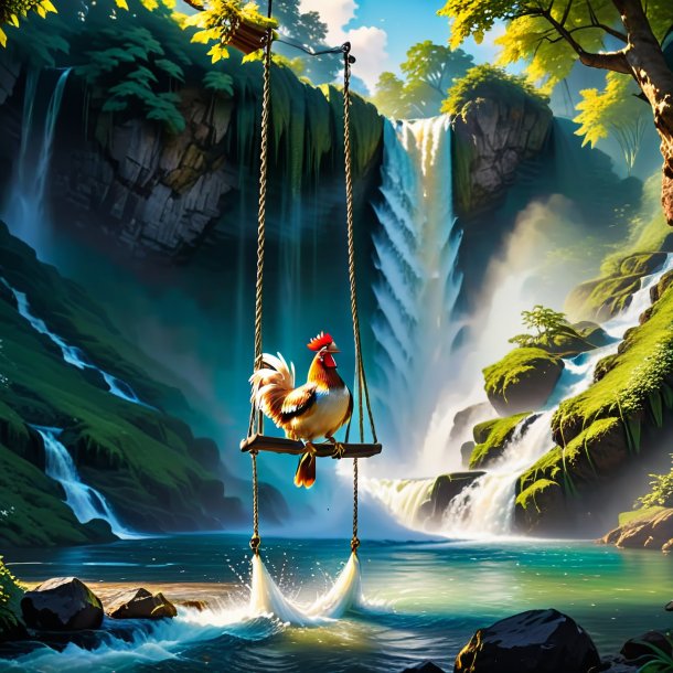 Photo of a swinging on a swing of a hen in the waterfall