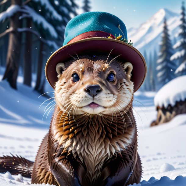 Photo of a otter in a hat in the snow