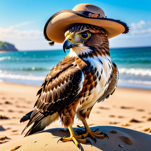 Foto de un halcón en un sombrero en la playa