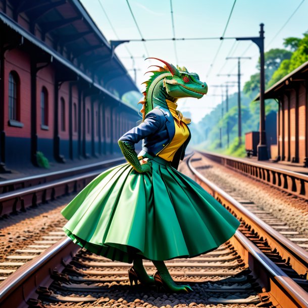 Foto de un basilisco en una falda sobre las vías del tren