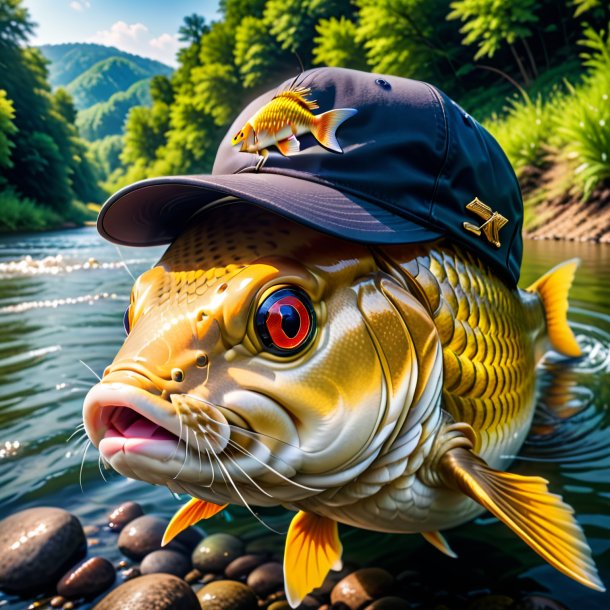 Foto de una carpa en un gorro en el río