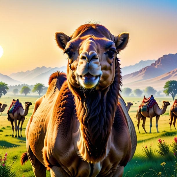 Pic of a waiting of a camel in the meadow