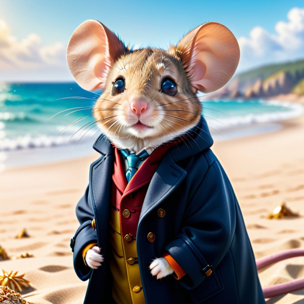 Image of a mouse in a coat on the beach