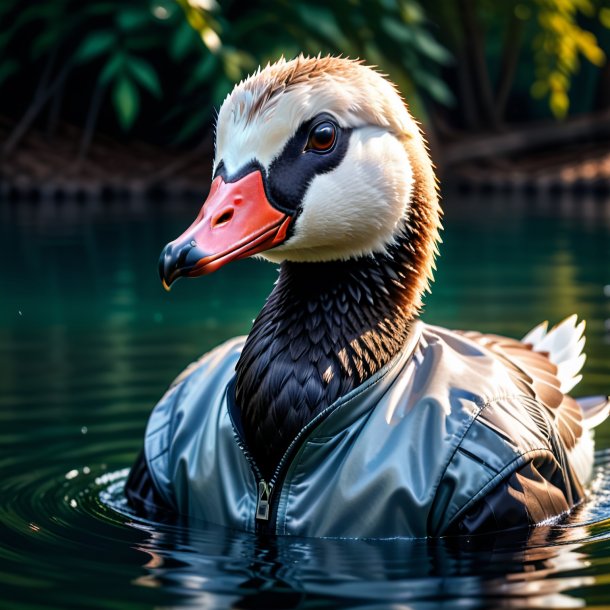 Foto de un ganso en una sudadera con capucha en el agua