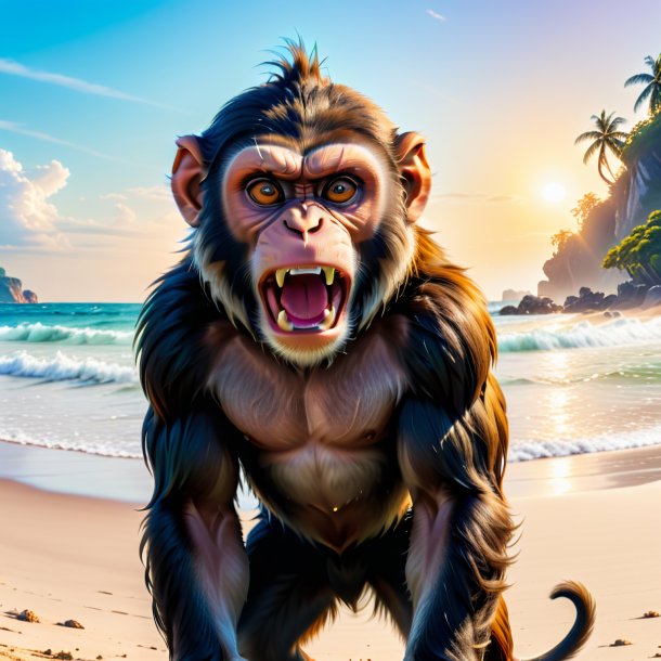 Pic d'une colère d'un singe sur la plage