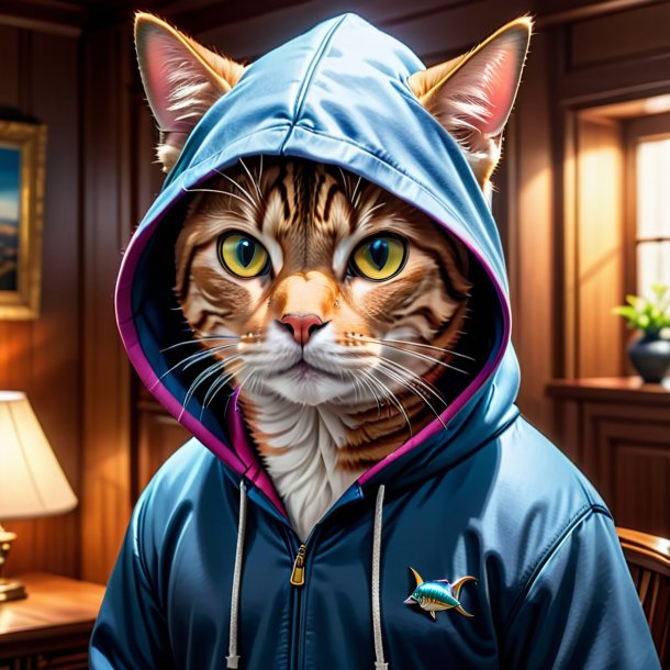 Uma foto de um atum em um hoodie na casa