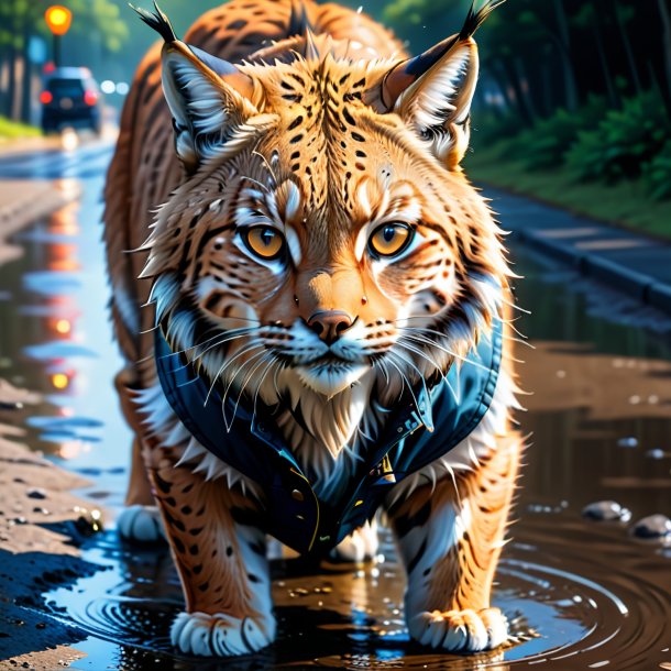 Dessin d'un lynx dans un gilet dans la flaque