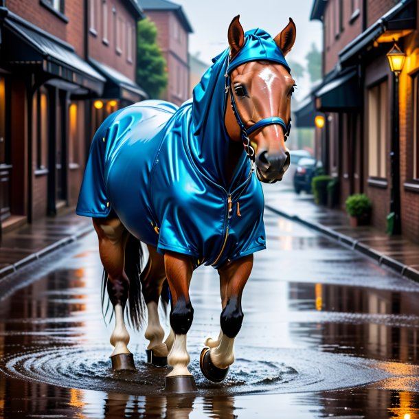 Foto de un caballo en una sudadera con capucha en el charco