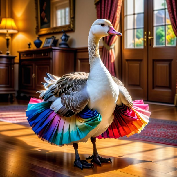 Photo of a goose in a skirt in the house