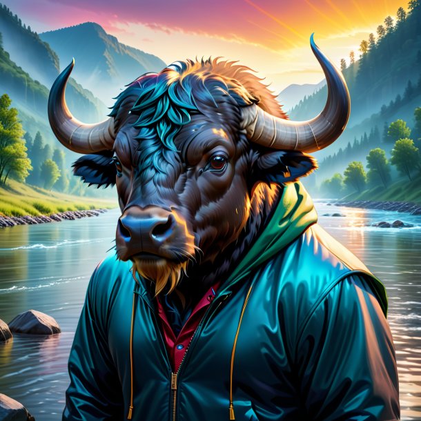 Illustration of a buffalo in a hoodie in the river