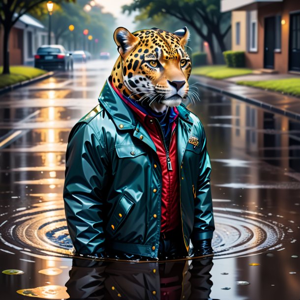 Drawing of a jaguar in a jacket in the puddle