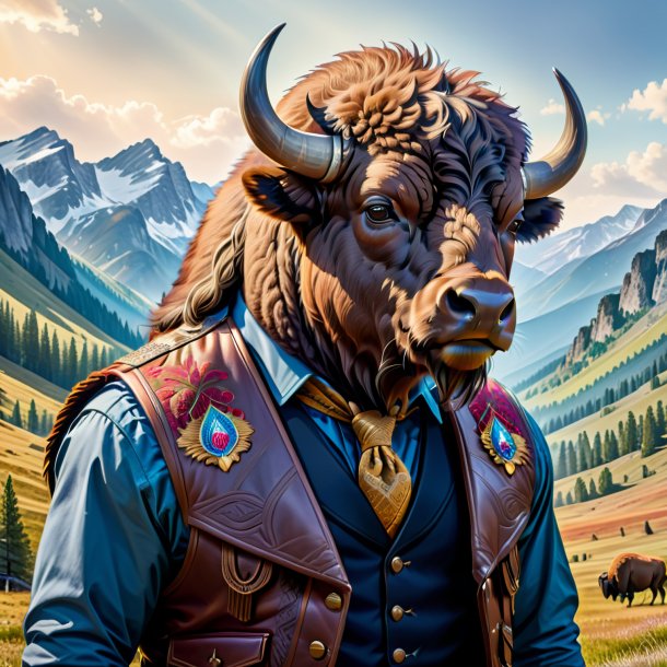 Drawing of a bison in a vest in the mountains